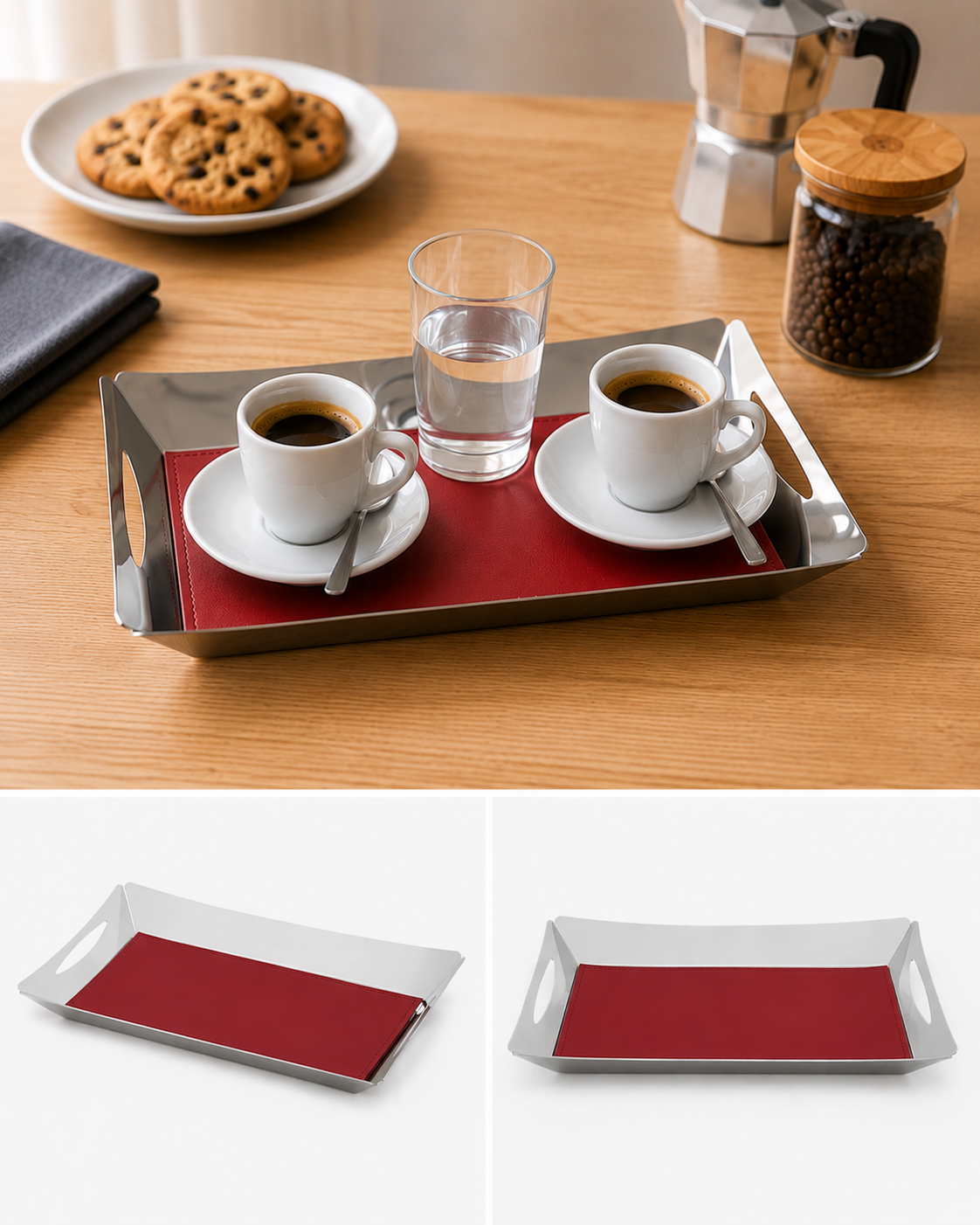Tablett mit zwei Tassen und Lederetui