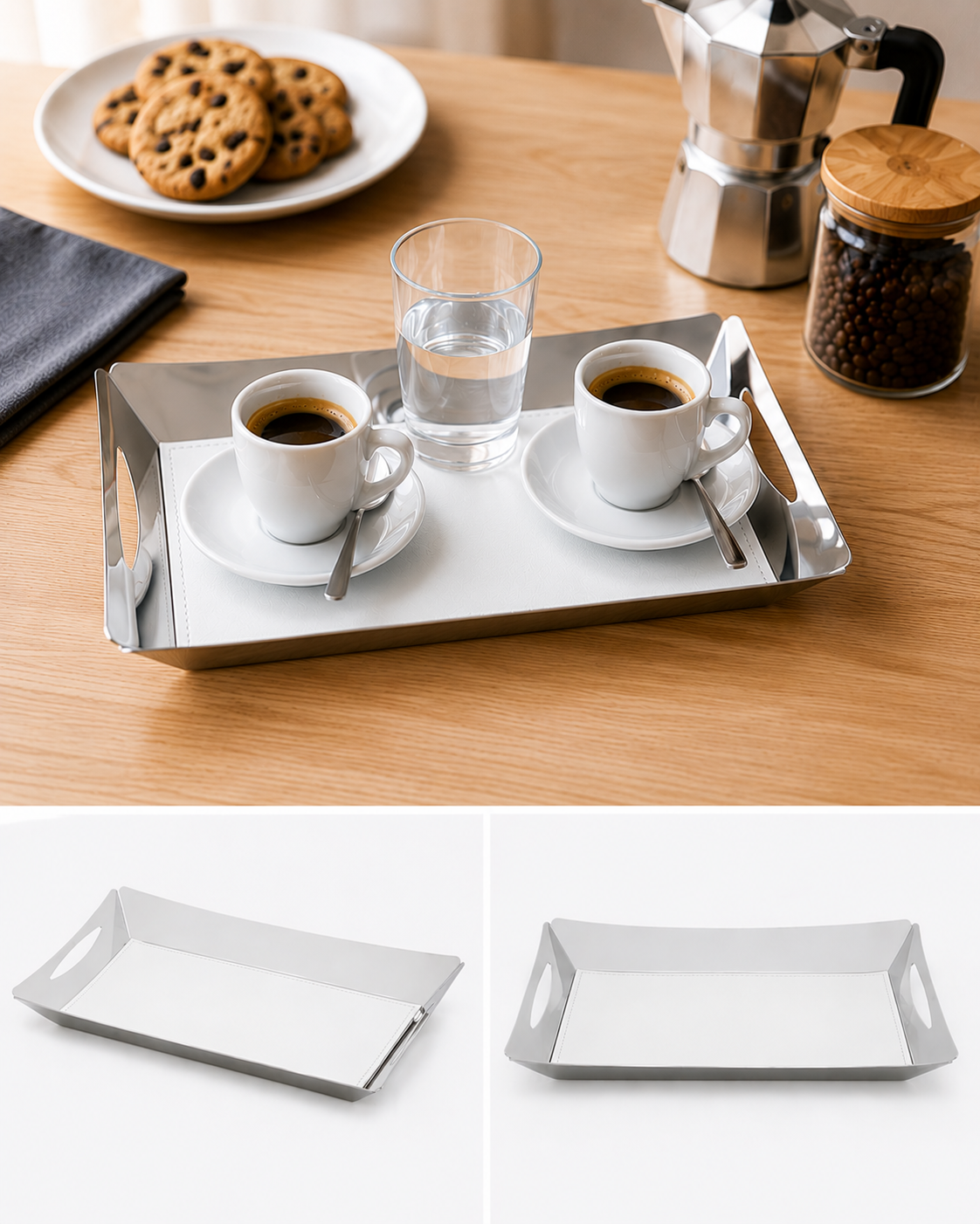 Tablett mit zwei Tassen und Lederetui