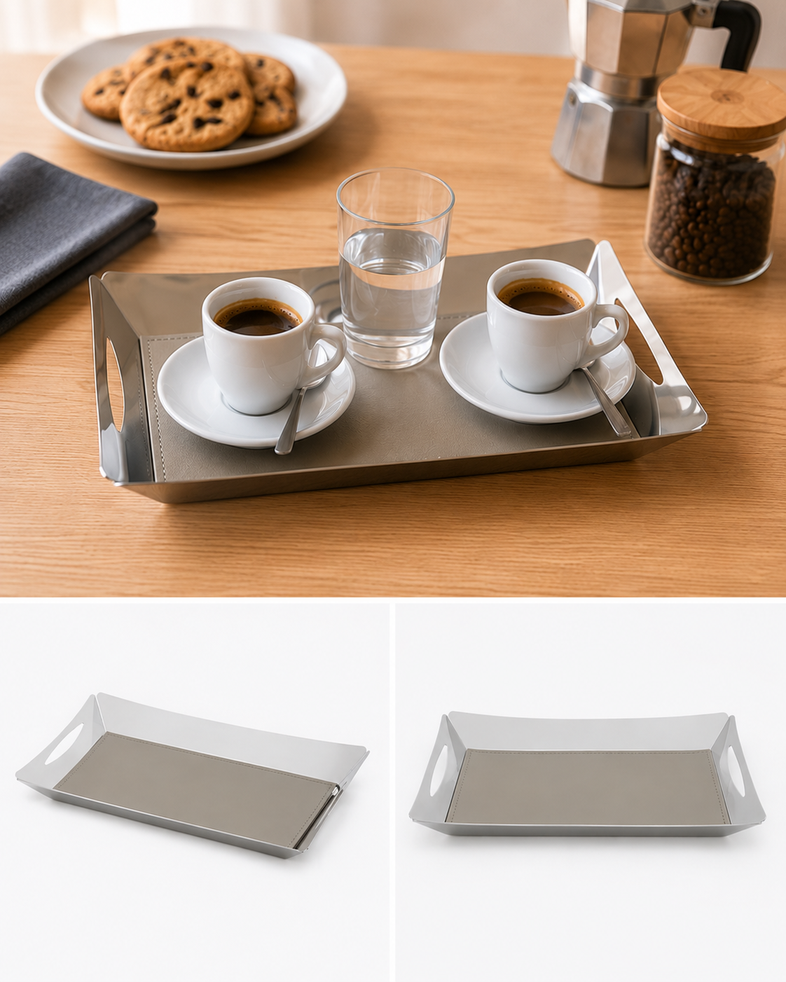 Tablett mit zwei Tassen und Lederetui